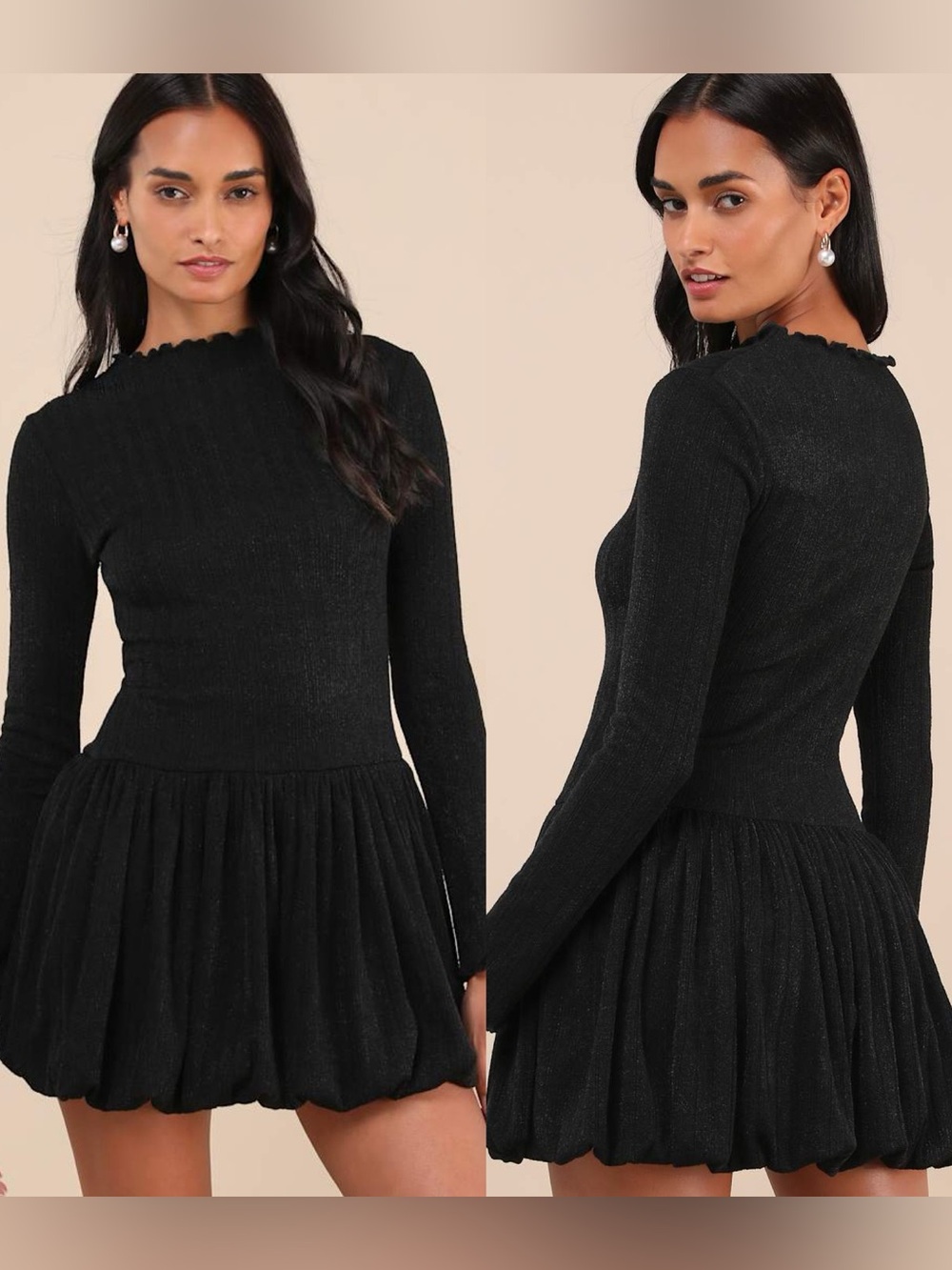 Lulus | Approachably Adorable Black Ribbed Bubble-Hem Mini Dress